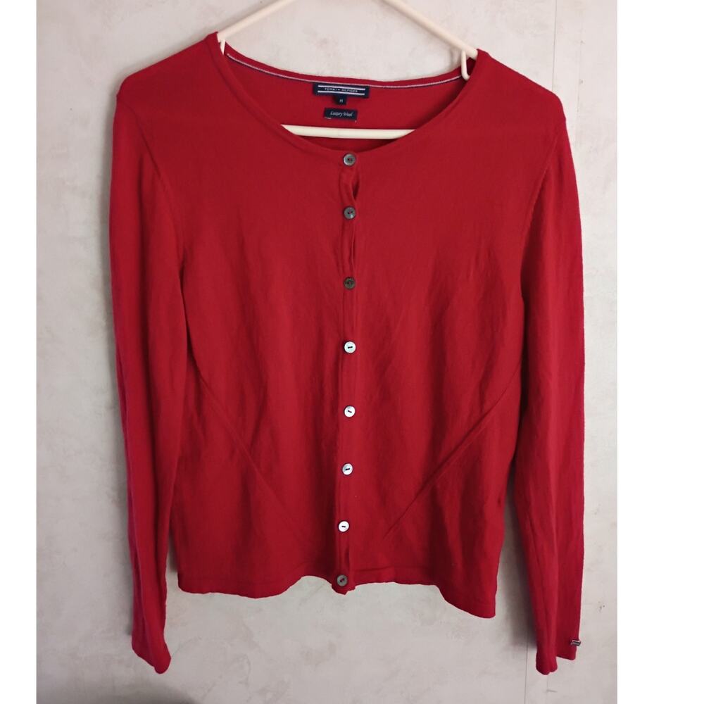 Tommy Hilfiger Red Luxury Wool Cardigan Sweater M Logo Sleeve  Princess Seam